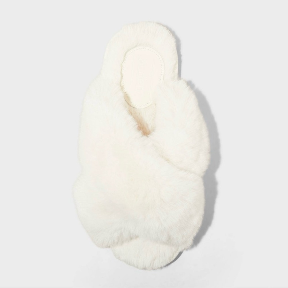 Auden Target Faux Fur Cross Strap Open Toe Slippers White Size 7/8